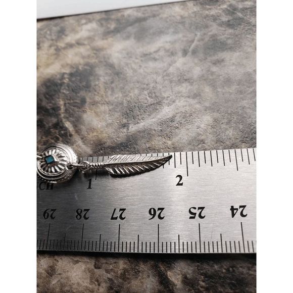 Silver-tone and Turquoise Shield w/Feathers Earrings - 1.75" inches - Picture 3 of 3